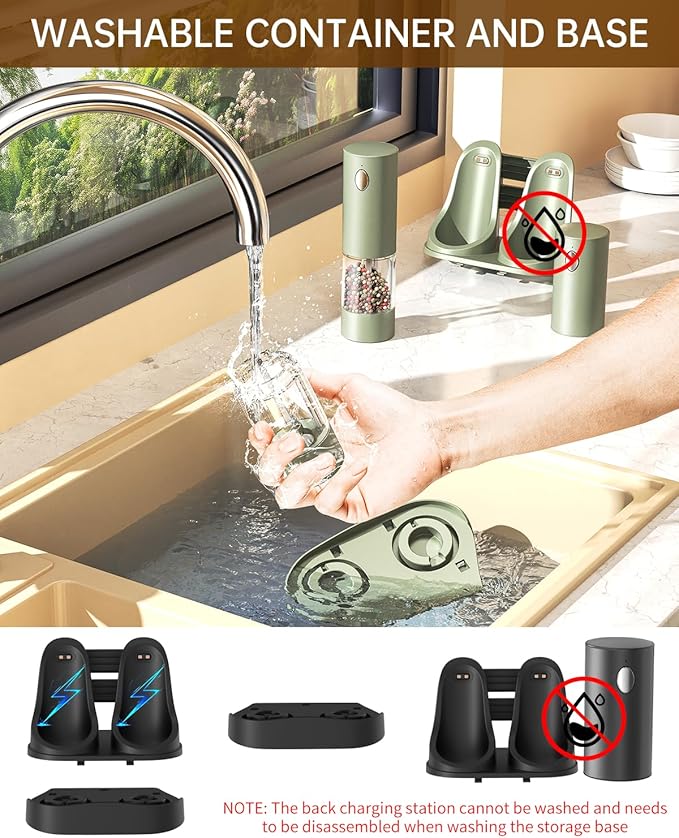 CIRCLE JOY Electric Salt and Pepper Grinder Set Automatic Salt and Pepper Grinder Set with Easy-to-Carry Charging Base and LED Light, USB Rechargeable, Upgrade External Adjustable Coarseness, Green