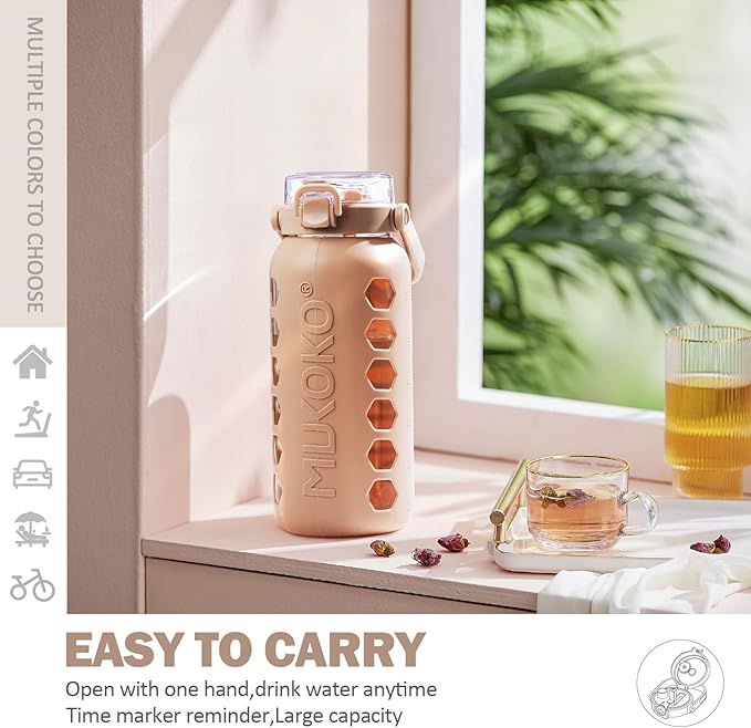 MUKOKO Half Gallon/64 oz Glass Water Bottles with Straw and Lid,Motivational Water Jug with Time Marker Reminder and Silicone Sleeve,100% Leakproof BPA Free Fitness Sports Large Bottle-Amber