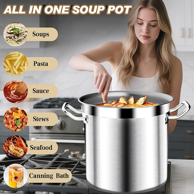 Large Stock Pot - 40QT Stainless Steel Stockpot with Lid, Heavy Duty Tri-Ply Bottom Commercial Grade Soup Pot for Cooking Soup, Stew, Canning, Oven, Gas, Ceramic, Dishwasher Safe