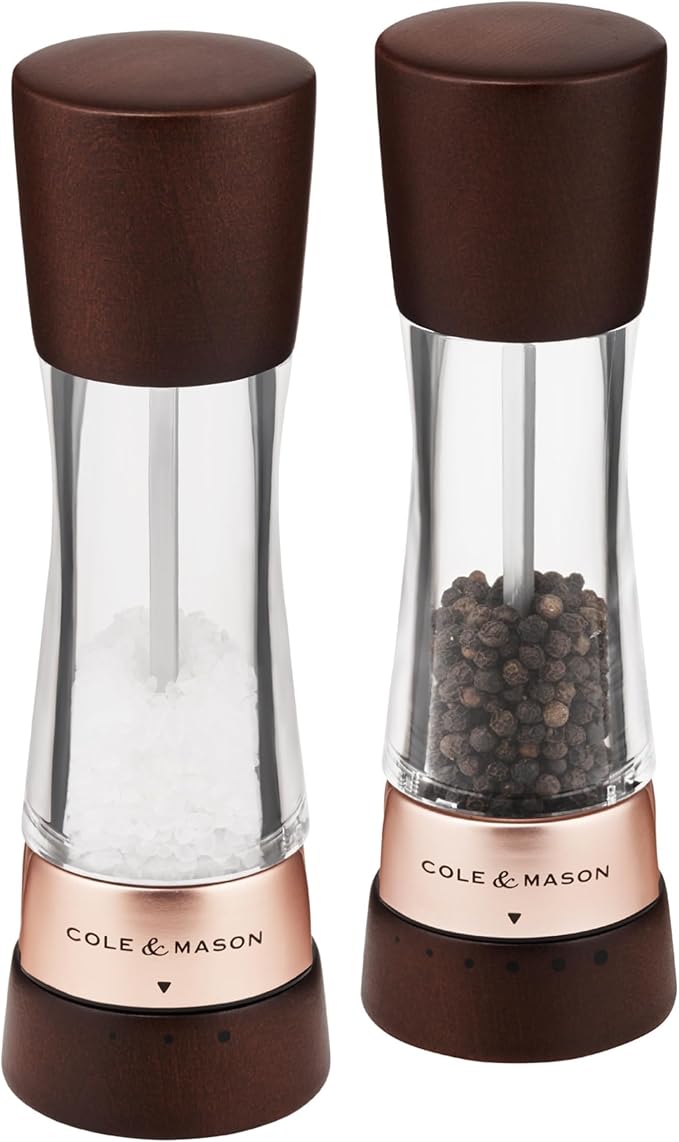 Cole & Mason Derwent Salt & Pepper Mill Gift Set - Salt & Pepper Shaker & Grinder with Adjustable Coarseness - Gourmet Precision Mill Set - Stainless Steel & Acrylic Grinders - Rose Gold