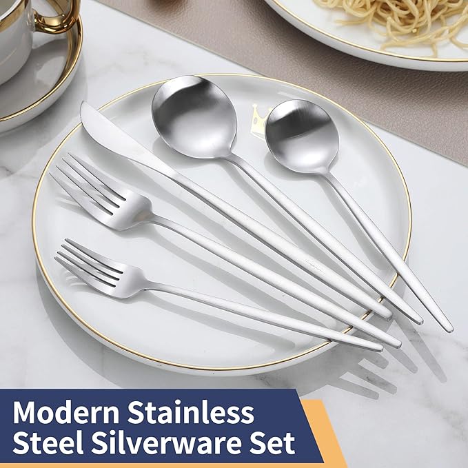 Matte Silverware Set, 30 Piece Stainless Steel Modern Flatware, Brushed Cutlery Service for 6, Satin Finish Utensils, Home Kitchen and Restaurant, Dishwasher Safe (Silver)