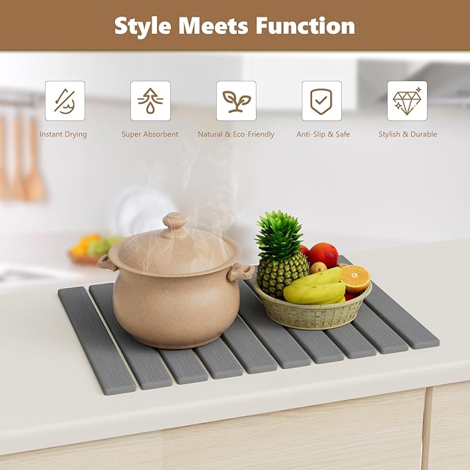 Large Stone Drying Mat for Kitchen Counter, 24"(L)×16"(W), Foldable Diatomaceous Earth Mat, Fast Drying & Absorbent Pad for Dishes, Bottles, Cups, Bathroom & Any Countertop (Gray)