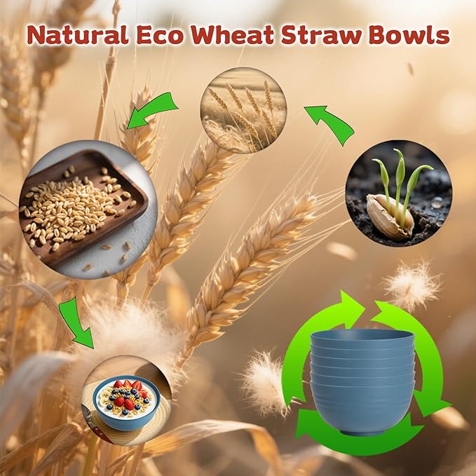 6-piece Wheat Straw Bowls sets 26oz,Alternative Plastic Bowls Reusable for indoors and outdoors,Microwave-able and Dishwasher Safe Bowls Sets Easy to Clean.Blue Series