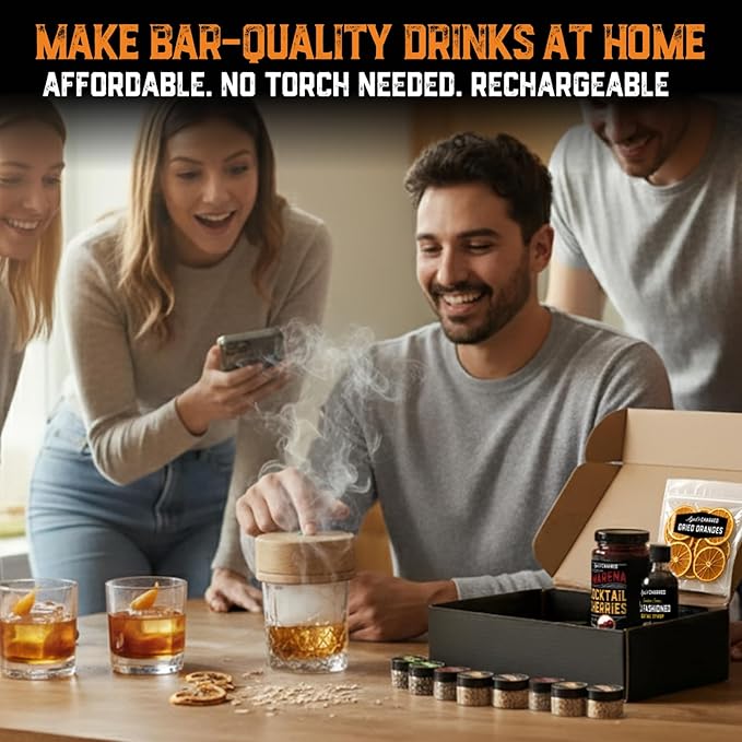 Electric Whiskey Smoker Kit - Whiskey Gifts for Men Dad - Premium Amarena Cherries, Syrup, Orange Dried Slices and 8 Flavors Wood Chips - Old Fashioned Cocktail Smoker kit