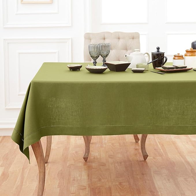 Solino Home Avocado Green Linen Tablecloth 52 x 52 Inch - 100% Pure Linen Square Table Throw - Classic Hemstitch, Machine Washable Table Cloth for Summer, Fall, Autumn
