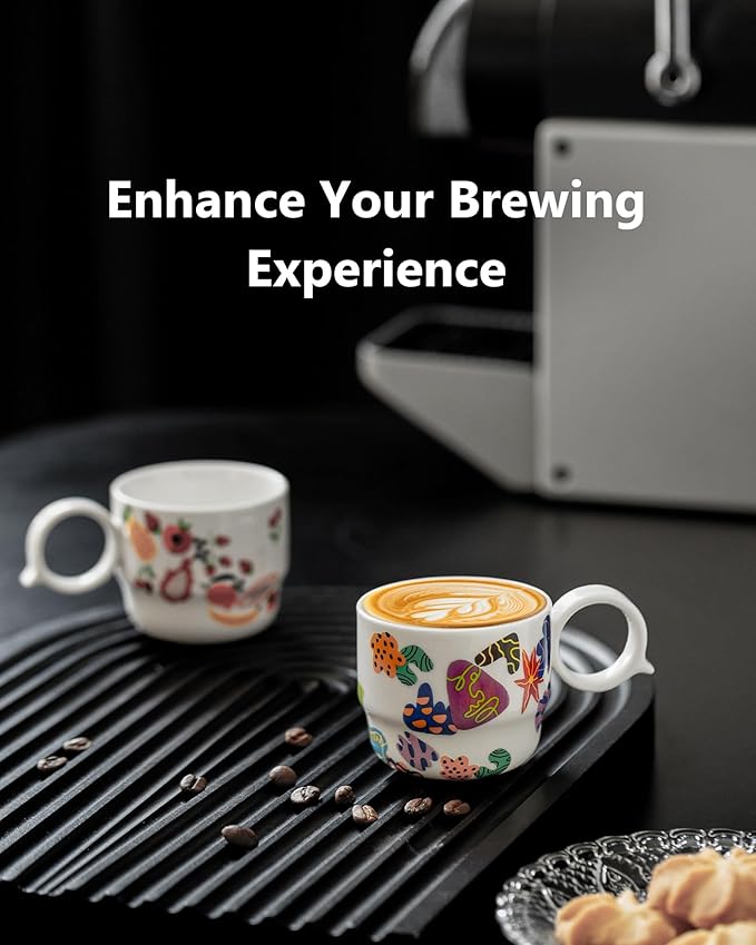 Ceramic Espresso Cups Set of 2 – Mini 3 oz Double Espresso Coffee Cups Small Espresso Shot Cups with Cute Q Handle, Gift for Coffee Lovers, Floral and fruit Patterns-White