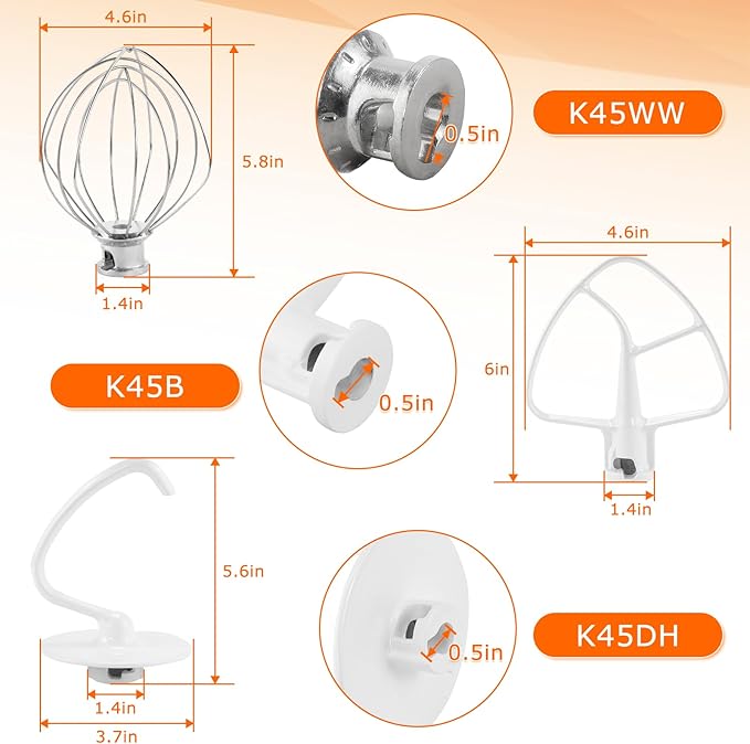 Stand Mixer Attachments 3-Piece Kit -Replace for Kitche.n aid Accessories K45WW Wire Whip/ K45DH Dough Hook /K45B Coated Flat Blade Paddle with Scraper -Stainless Steel by TOMOON