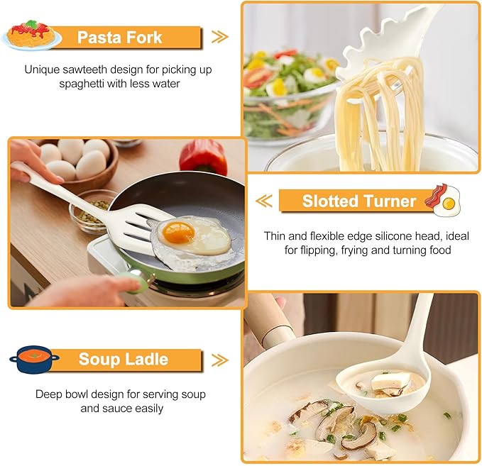 TeamFar Silicone Cooking Utensils Set, 7-Piece Heat Proof Kitchen Utensils Set, Kitchen Tools Spatula Turner Ladle Spoon Pasta Fork for Nonstick Cookware, Non-Toxic & Dishwasher Safe, White