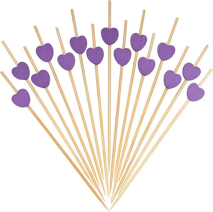 Minisland Purple Love Heart Cocktail Picks, 4.7 Inch Long Bamboo Fancy Toothpicks for Appetizers, Decorative Bridal Shower Wedding Valentines Party Food Drinks Fruit Skewer Sticks 100 Counts -MSL443