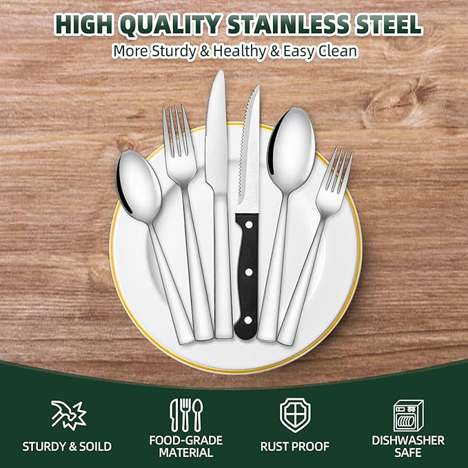48-Piece Silverware Set, CEKEE Stainless Steel Flatware Set for 8 with Steak Knives, Mirror Polished Kitchen Utensils Set, Tableware Cutlery Set for Home, Dishwasher Safe - Spoons and Forks Set