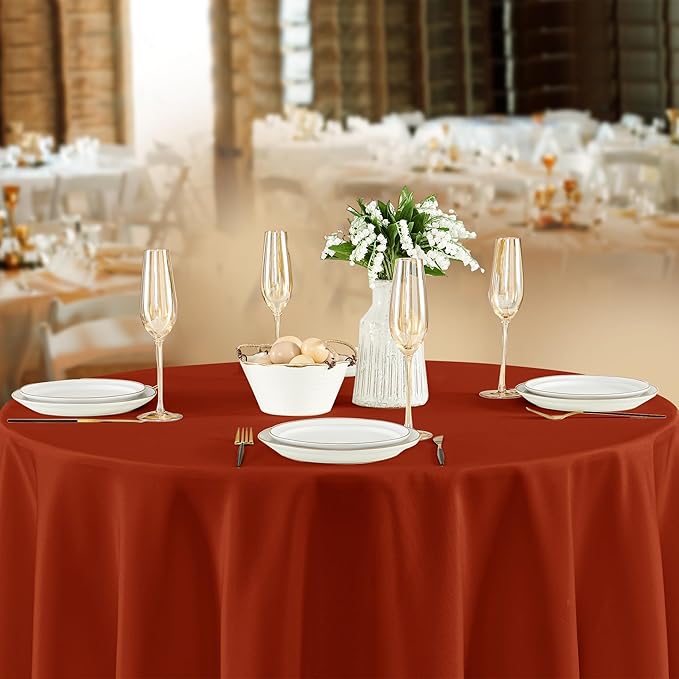 Fitable 8 Pack Round Tablecloths: Stain Resistant Wrinkle Free Circle Table Clothes, Washable Reusable Polyester Table Covers for Wedding Party Birthday Banquet Reception(Rust, 120 Inch)
