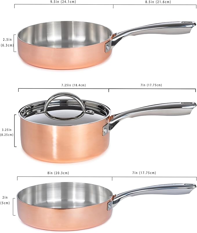 BergHOFF Copper Tri-Ply Cookware Set, Non-reactive 18/10 Stainless Steel, Fast, Evenly Heat, Gold Coated (4Pc-Polished)