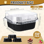 Aoriher 150 Pieces 10 oz Mini Cake Pans with Lids Aluminum Foil Baking Cups Square Disposable 4" x 4" Large Cupcake Cups Baking Tins for Kitchen Brownie Pudding Desserts Holders(Black)
