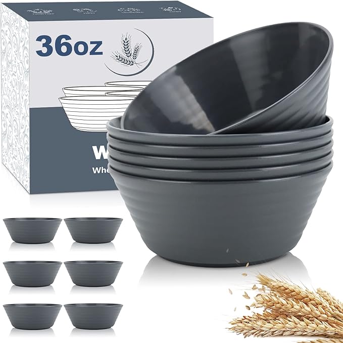 Wheat Straw Bowl Sets,6PCS Unbreakable Cereal Bowl 36 OZ,Microwave and Dishwasher Safe Bowls,Salad Bowls for Dorm,Apartment,Camping,Picnic (Deep Grey)