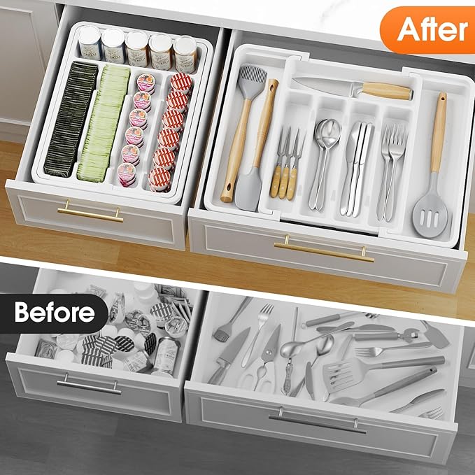 Silverware Organizer，Adjustable & Expandable Utensil Drawer Organizer, BPA Free Utensil Holder, Cutlery Tray for Forks, Spoons, Knives in Kitchen, Medium, White