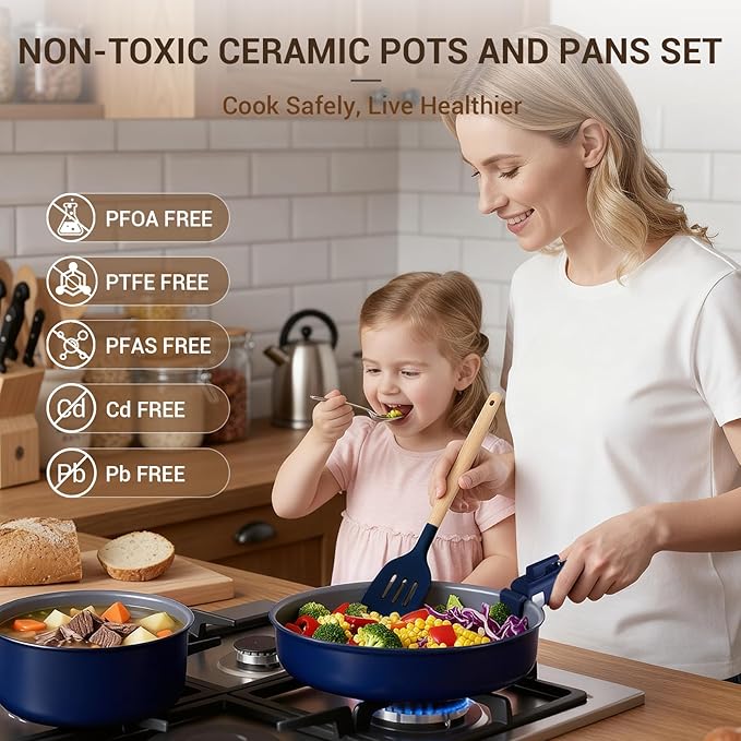 Ammeloo 18-Piece Ceramic Pots and Pans Set Non Stick, Non Toxic Cookware Set with Removable Handles, Pot Sets for Cooking, Induction Ready, Dishwasher & Oven Safe, PFAS PFOA & PTFE Free Navy Blue
