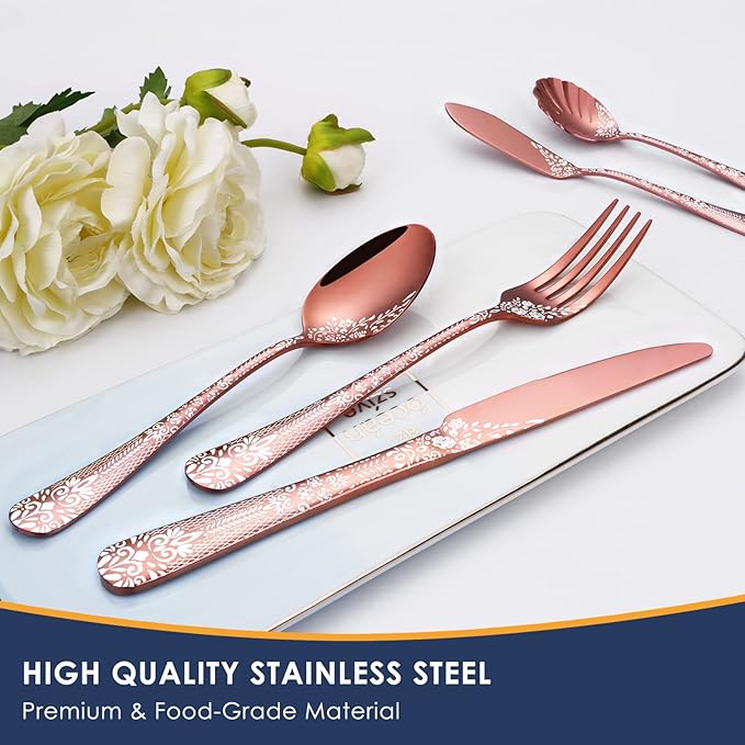 EUIRIO 53-Piece Rose Gold Silverware Set with Serving Utensils, Rose Gold Flatware Set for 8, Stainless Steel Mirror Cutlery Set, Spoons Forks Knives with Unique Floral Laser, Dishwasher Safe