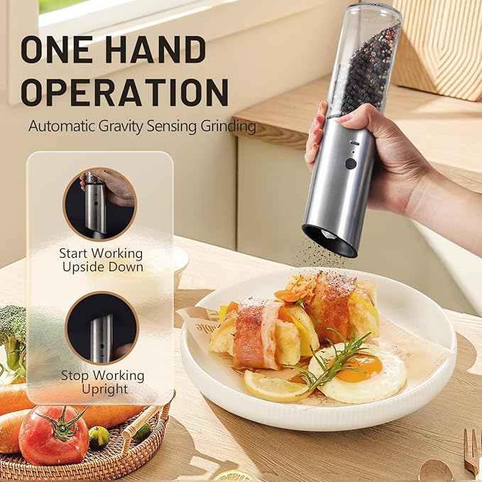 Gravity Electric Salt and Pepper Grinder Set, USB Rechargeable Stainless Steel Mills with Large Capacity Tall Glass, LED Light, Adjustable Coarseness, Ideal for Kitchen and Dining(2PCS)
