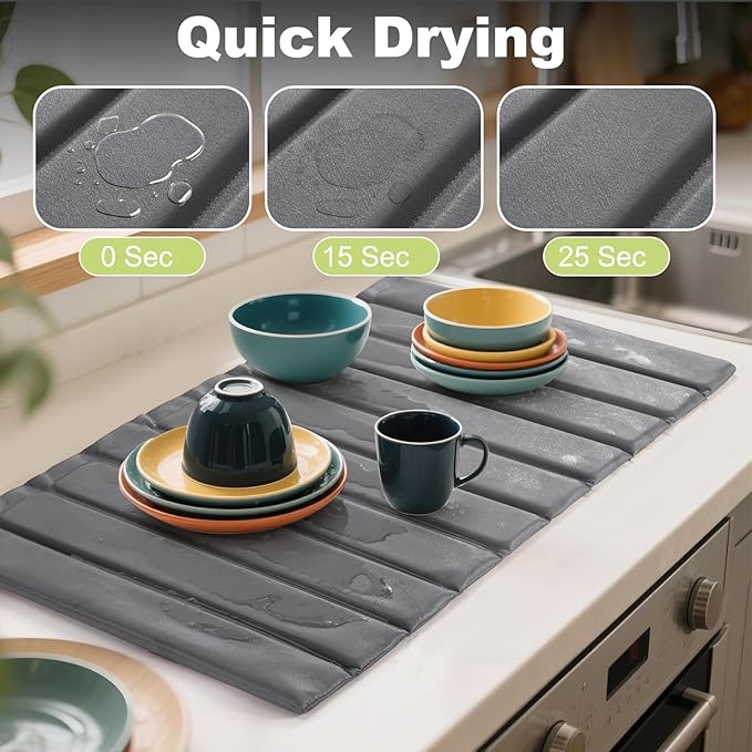 Stone Drying Mat for Kitchen Counter Collapsible, Stain-Defying PU Leather, Absorbent Diatomaceous Earth Bath Mat Quick Dry, Foldable Large Stone Dish Drying Mat for Countertop 23" x 15.3"