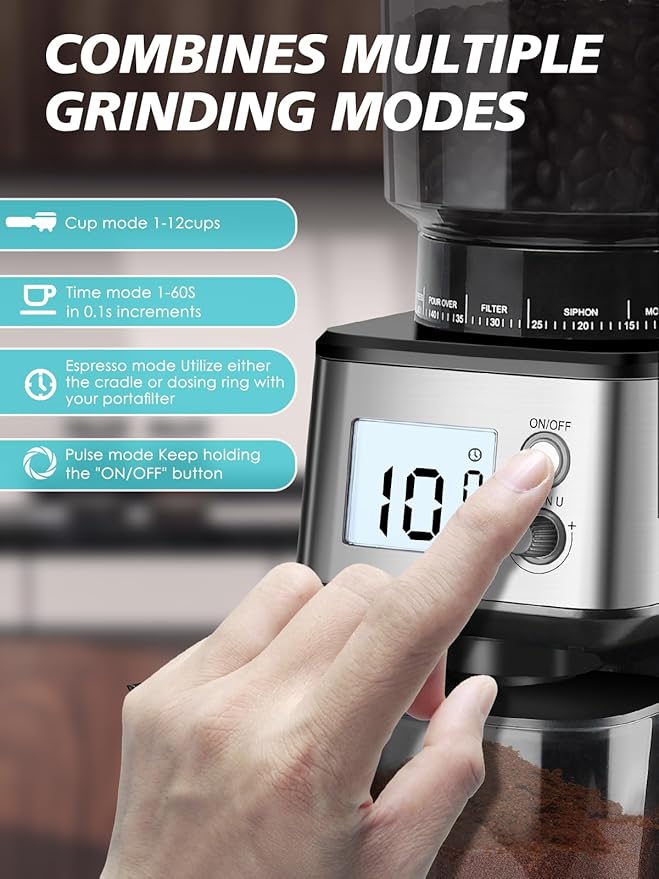 Homtone Conical Burr Coffee Grinder – 51mm Stepless Electric Espresso Grinder with Grind Settings, Automatic Timer, Low Noise, with Portafilter Holders, for Home and Commercial Use, Grade for Baristas