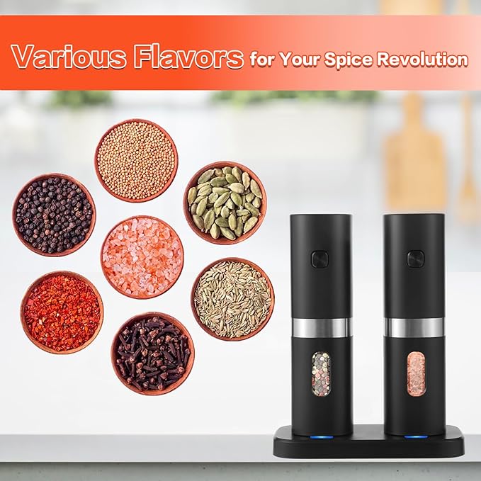 Syaws Electric Pepper and Salt Grinder,Battery Powered Pepper Grinders,Automatic Pepper Mill with LED Light,Adjustable Coarseness One-Hand Operation (Black-Rechargeable Set)