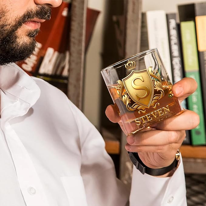 Personalized Whiskey Glass | Custom Golden 3D Initial Badge with Name | 10 oz Drinking Glass Customized Gifts for Man Bartender Whiskey Enthusiast