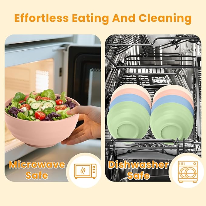 Homienly Large Wheat Straw Bowls 60oz Light Color Bowl Set of 8 - The Ultimate All-in-One Set for Salad, Soup, Cereal & Oatmeal, Microwave Safe & Unbreakable