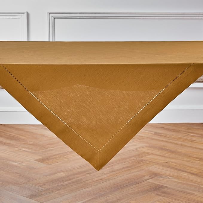 Solino Home Square Linen Tablecloth 52 x 52 Inch - 100% Pure Linen Brown Sugar Table Throw - Classic Hemstitch, Machine Washable Table Cloth for Summer, Fall, Autumn