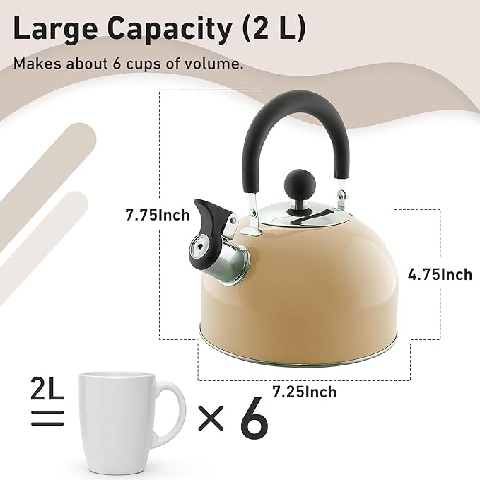 Lily's Home 2 Quart Stainless Steel Whistling Tea Kettle, the Perfect Stovetop Tea and Water Boilers for Your Home, Dorm, Condo or Apartment. (Pastel Red)