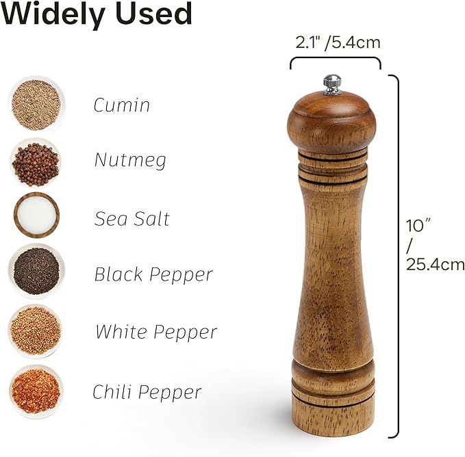 Wood Salt and Pepper Grinder, Salt Grinder and Pepper Mill, Oak Wood Shakers with Adjustable Ceramic Grinders - 10 inches, 1 Pack