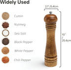 Wood Salt and Pepper Grinder, Salt Grinder and Pepper Mill, Oak Wood Shakers with Adjustable Ceramic Grinders - 10 inches, 1 Pack