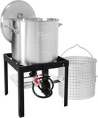 Creole Feast SBK1001 100 Qt Seafood Boiling Kit with Strainer, Outdoor Seafood Boil Pot and Basket with 100,000 BTUs Propane Burner and 10 PSI Regulator, Black & Silver
