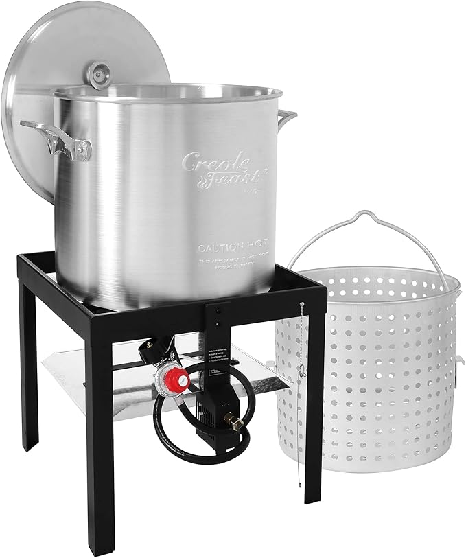 Creole Feast SBK1001 100 Qt Seafood Boiling Kit with Strainer, Outdoor Seafood Boil Pot and Basket with 100,000 BTUs Propane Burner and 10 PSI Regulator, Black & Silver
