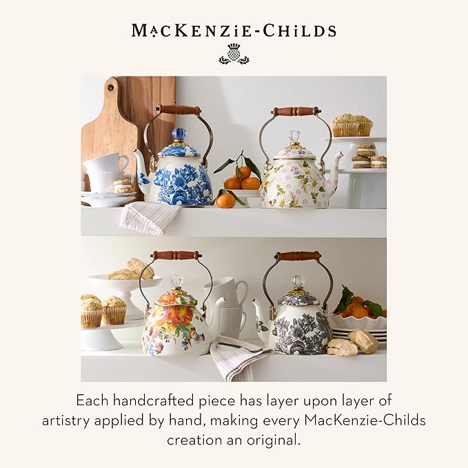 MACKENZIE-CHILDS Enamel Tea Kettle, Stylish Tea Kettle for Stovetop, White Flower Market, 2 Quarts