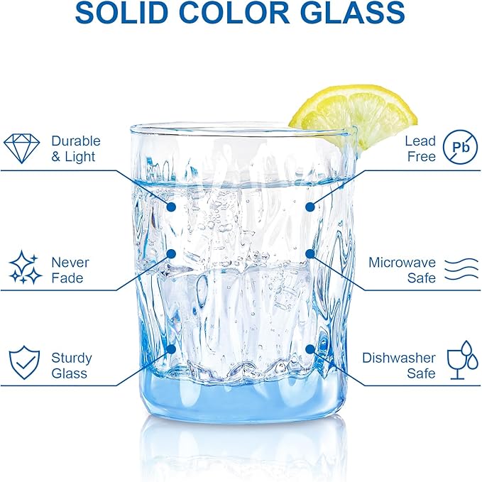 CREATIVELAND Solid Color Drinking Glasses Set of 6, 10 OZ Wind-blown Ripples Glass Tumbler Glassware for Water, Juice, Different Options for Home, Restaurant, Hotel, Bar, Blue