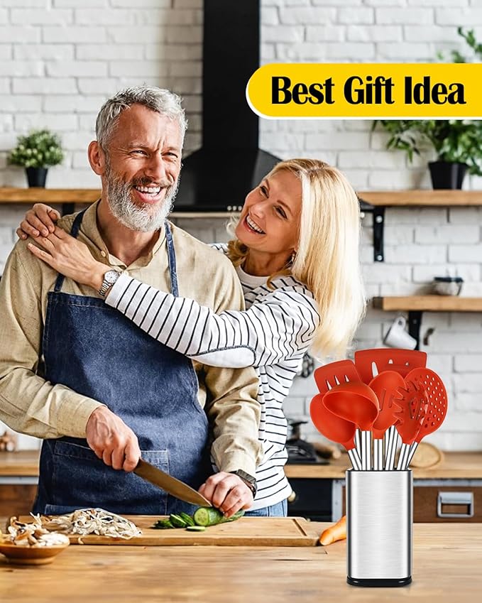 Silicone Cooking Utensil Set, 8Pcs Non-stick Cookware with Stainless Steel Handle, BPA Free Heat Resistant Kitchen Tools with Spatulas, Turners, Spoons, Skimmer and Pasta Fork (RED)