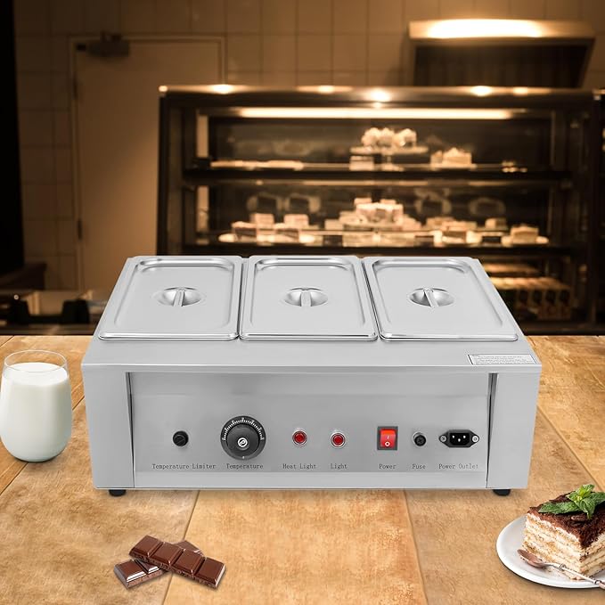 300W Electric Melting Pot for Chocolate w/Adjustable Temperature,Commercial Chocolate Warmer Melting Pot Chocolate Melter Pot Machine for Home or Bakery Use 3 Tanks for 26.46lb of Tempered Chocolate