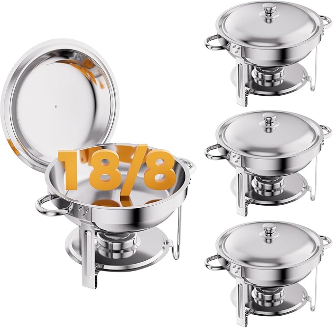 Silver 4 Pack Chafing Dishes for Buffet, 18/8 (304) Stainless Steel Food Pan with Lid, 6QT Round Chafing Dish Buffet Set Food Warmer, Food Warmers for Parties Buffet Catering Events Dinners
