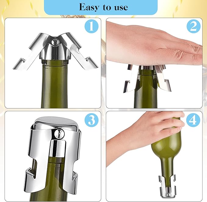 Tessco 18 Pcs Stainless Steel Champagne Stopper Reusable Bottle Sealer Wine Corker Champagne Cork Stopper with a Built in Sealing Plug Compact Saver Plug for Cava Prosecco (Silver)