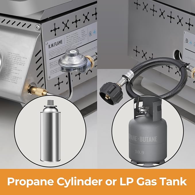 R.W.FLAME Premium 3 Burner Tabletop Propane Gas Grill Stainless Steel Portable Outdoor BBQ Grill with Griddle,24,000 BTU Multi-Zone Cooking,Built-in Thermometer,Backyard,Camping & Patio Gatherings