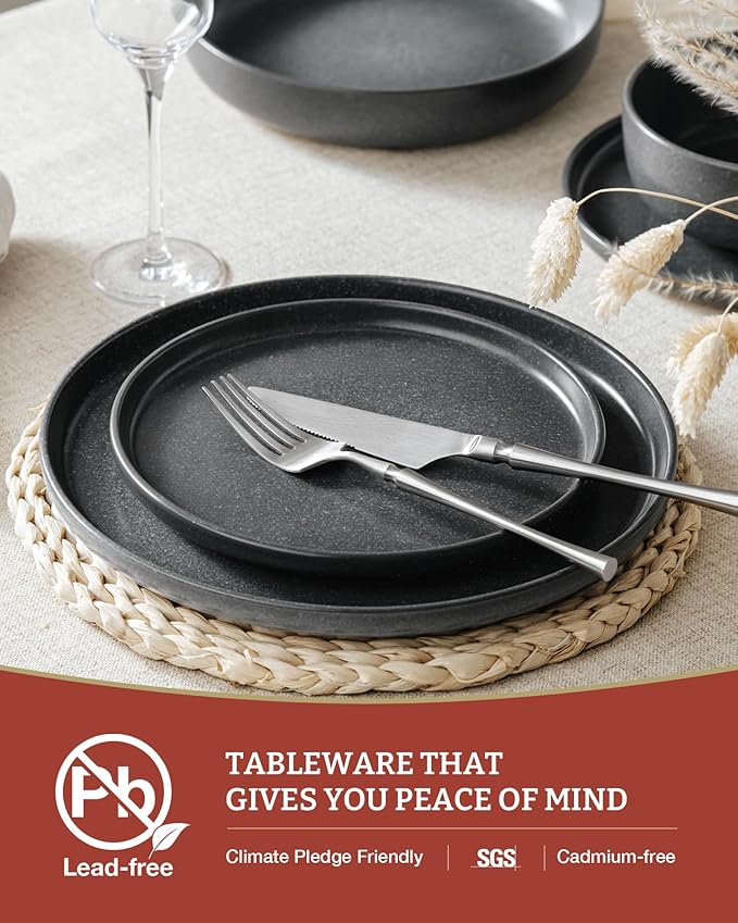 Famiware Milkyway Plates and Bowls Sets, 12 Pieces Dinnerware Sets, Reactive Glaze Dish Set, Stoneware Dishes Set for 4, Matte Dark Charcoal