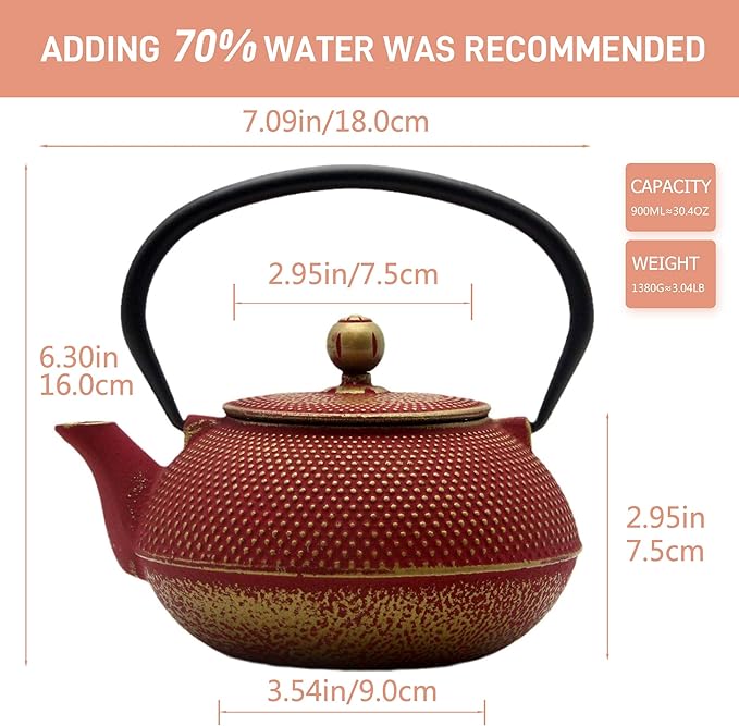 Cast Iron Teapot Tea Kettle with Stainless Steel Infuser for Stovetop Safe Coated with Enameled Interior Japanese Red Tetsubin for Loose Tea(30.4oz/900ml)