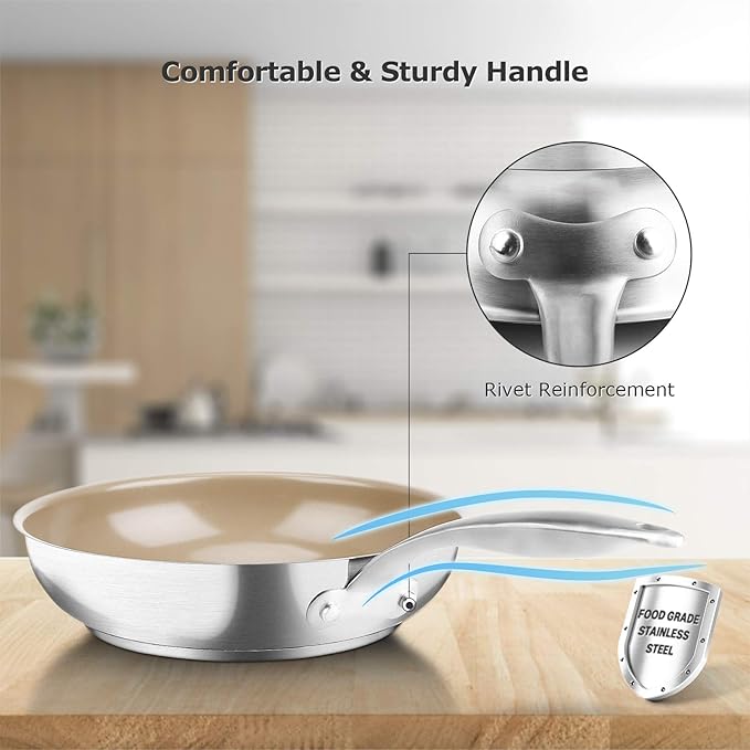 Duxtop Ceramic Non-stick Frying Pan, Stainless Steel Induction Frying Pan, 9.5-Inch Stir Fry Pan with Heavy-gauge Impact-bonded Bottom, FUSION Ti