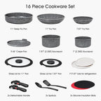 16pcs Aluminium Nonstick Pots and Pans Set from France with detachable Handle, Stackable, Ceramic RV Kitchen Cookware Sets Removable Handle, PFOA and PTFE Free, Oven Safe, Induction