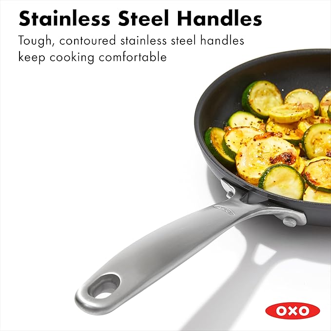 OXO Good Grips Pro 10 Piece Cookware Pots and Pans Set, 3-Layered German Engineered Nonstick Coating, Stainless Steel Handle, Dishwasher Safe, Oven Safe, Black