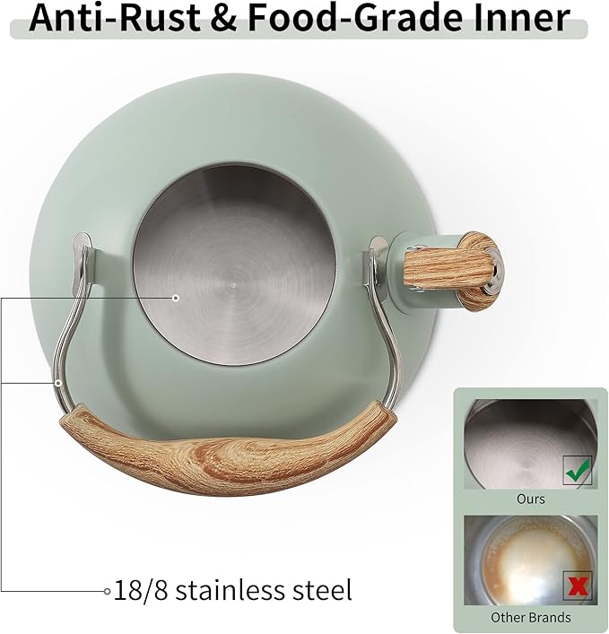 LONFFERY Tea Kettle for Stove Top, 2.5 Quart Whistling Tea Kettle, with Food Grade Stainless Steel and Wood Pattern Folding Handle, Turquoise
