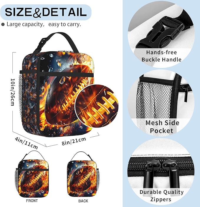 American Football Lunch Bag Kids Insulated Football Lunch Box for Boys Girls Kids Teens School Work Office Travel Picnic Hiking Beach Reusable Waterproof Leakproof Portable Fits Most Bento Boxes