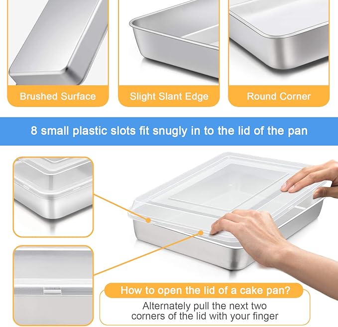 E-far Stainless Steel Baking Pan with Lid, 12⅓ x 9¾ x 2 Inch Rectangle Sheet Cake Pans with Covers Bakeware for Cakes Brownies Casseroles, Non-toxic & Healthy, Heavy Duty & Dishwasher Safe - Set of 2
