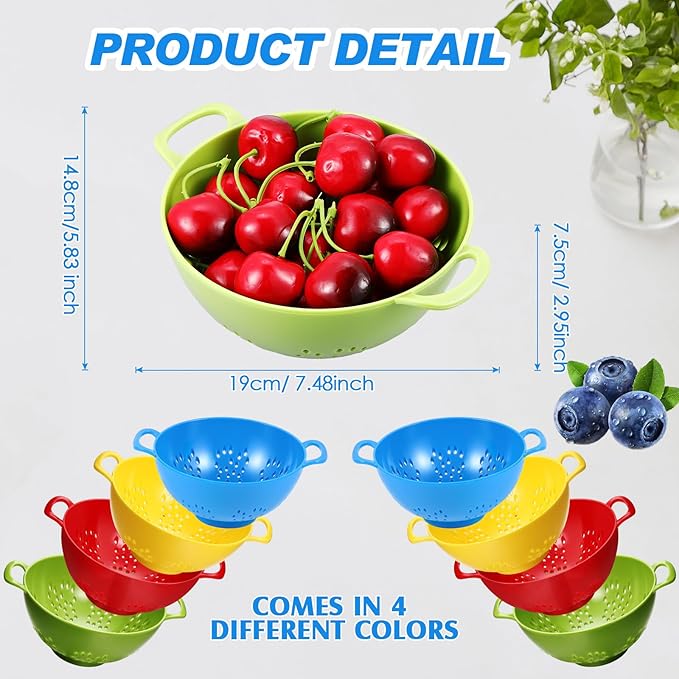 Baderke 4 Pack Mini Colander for Kitchen Plastic Berry Strainer with Double Handles 7.5 x 6 x 3 Inch Small Colander Strainer for Fruits Vegetables Food(Green, Red, Blue, Lemon Yellow)