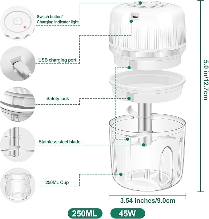 250ML Electric Garlic Chopper, Mini Portable Vegetable Chopper, Food Processor with USB Charging for Onion, Garlic, Chili, Ginger, Veggie